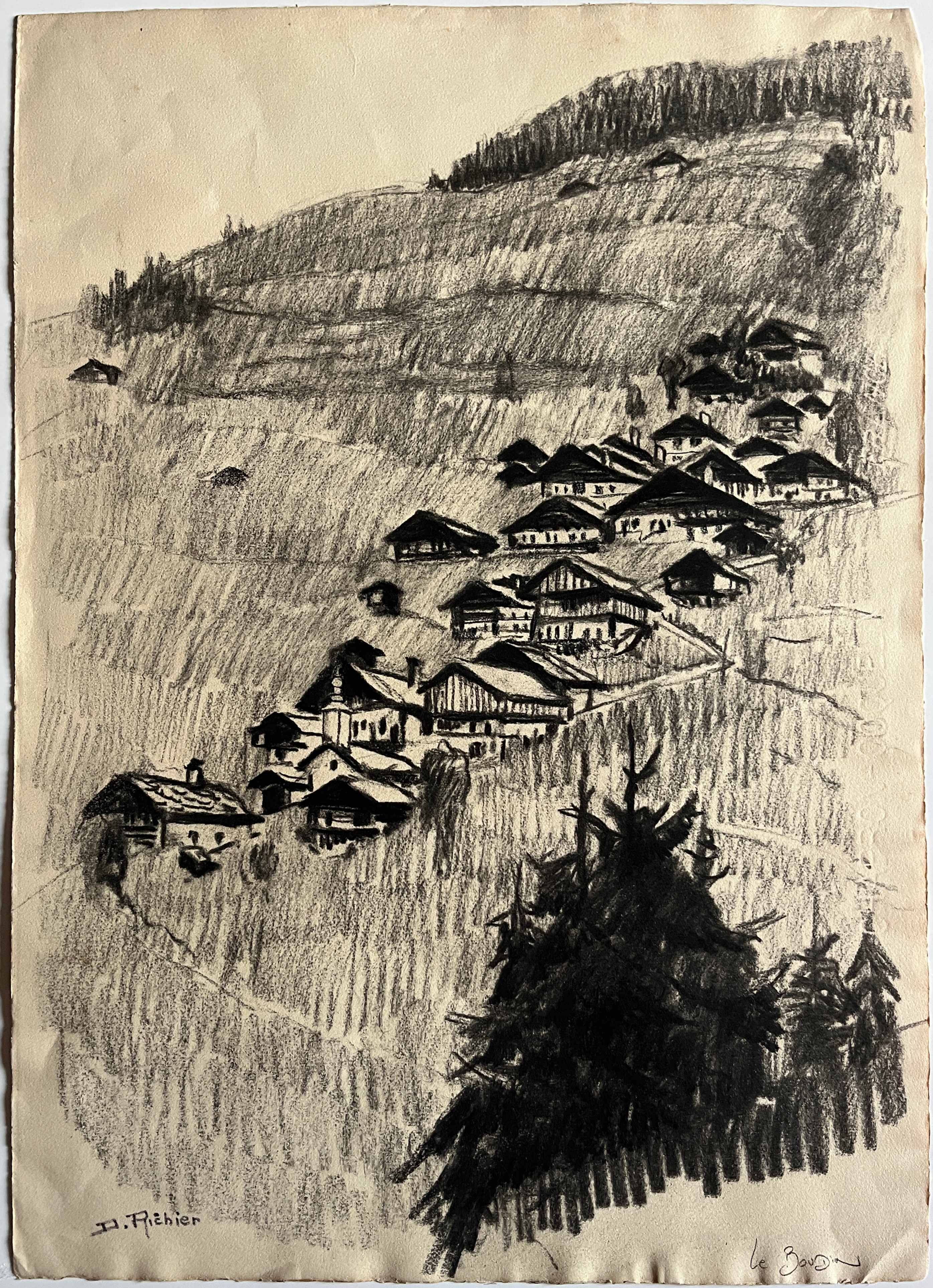 Two paintings denise richier (1896-1983) le boudin, village of beaufortain (73)