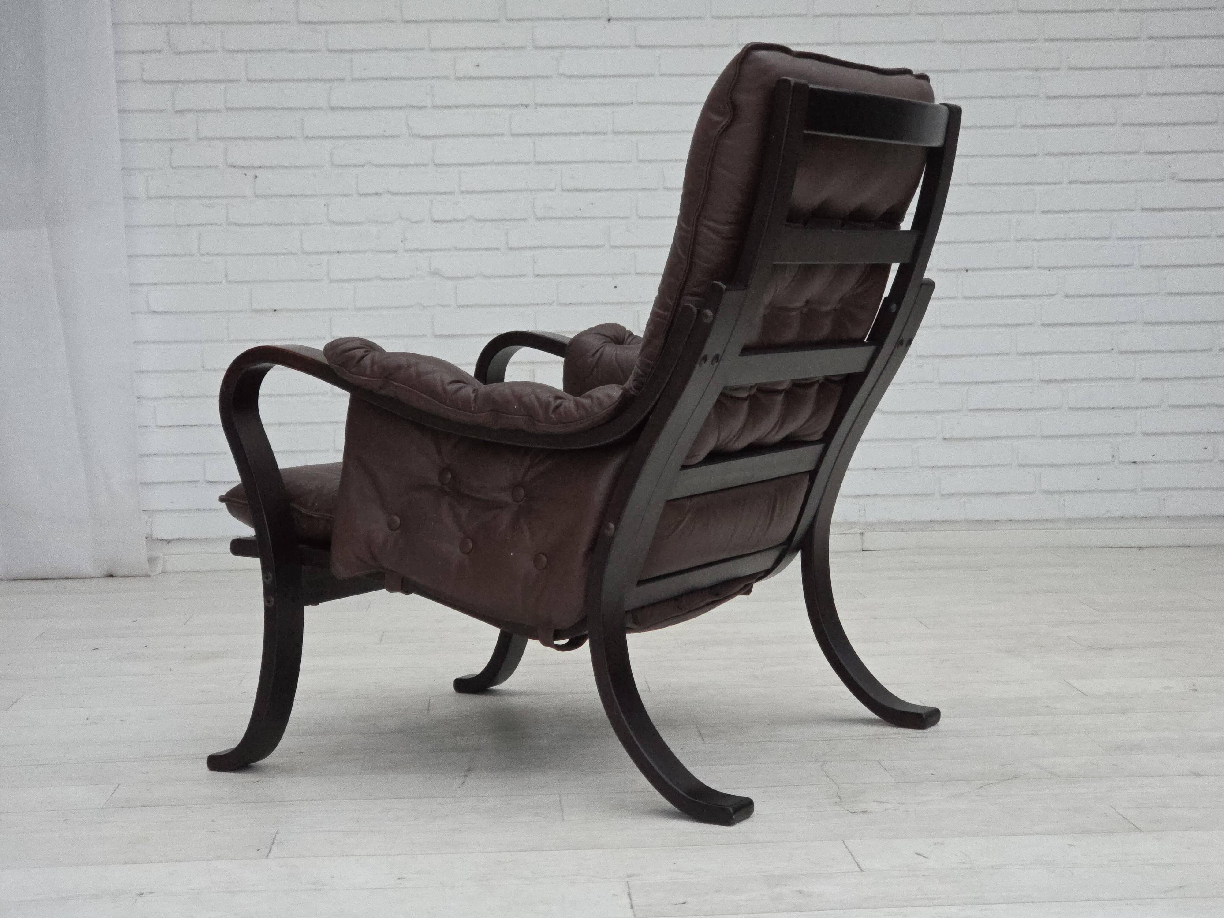 1970s, Scandinavian vintage design, armchair, brown leather, bent wood.