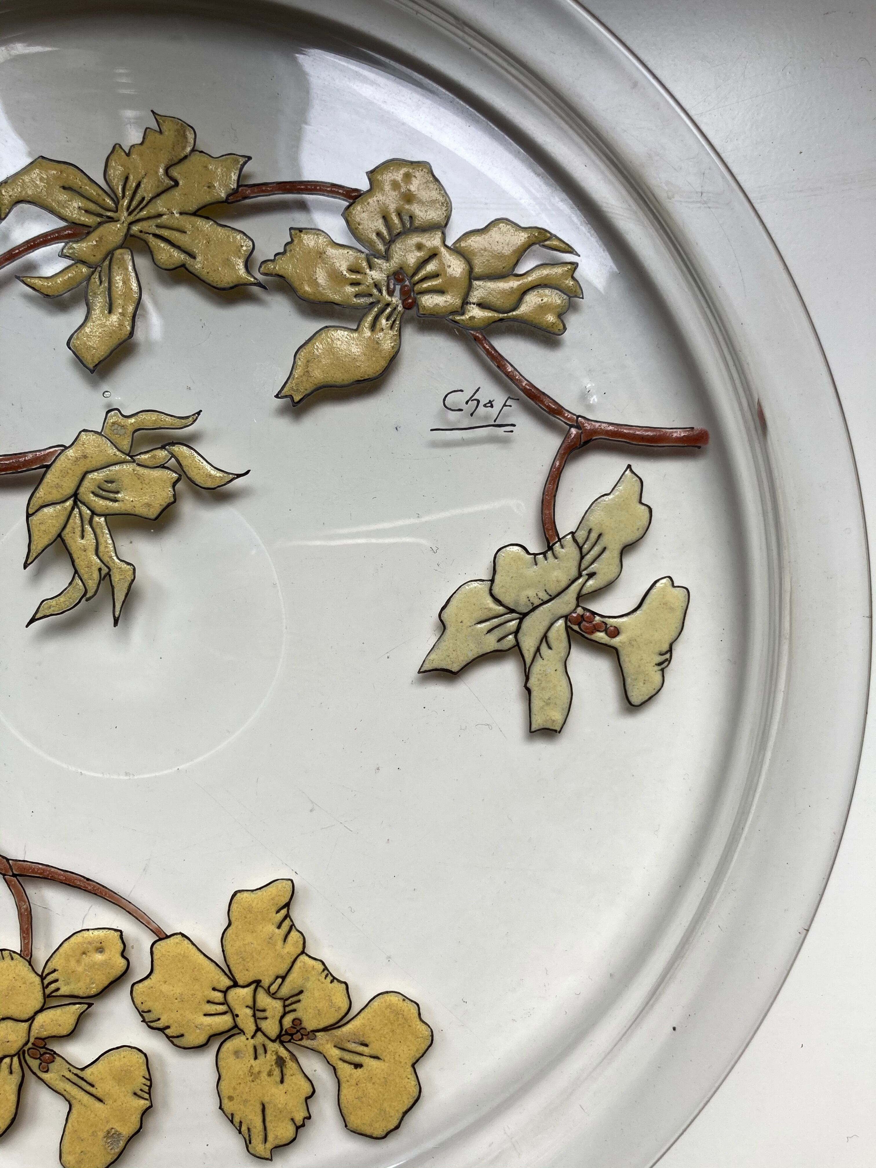 Former Art Nouveau Floral enamel glass flat tray signed Chaf Nancy School