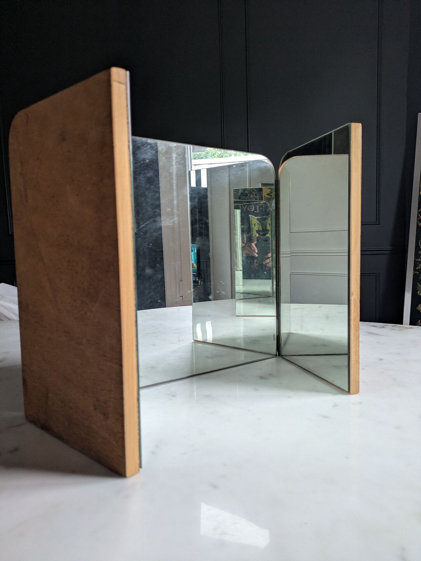 Mid-century tabletop triptych dressing mirror