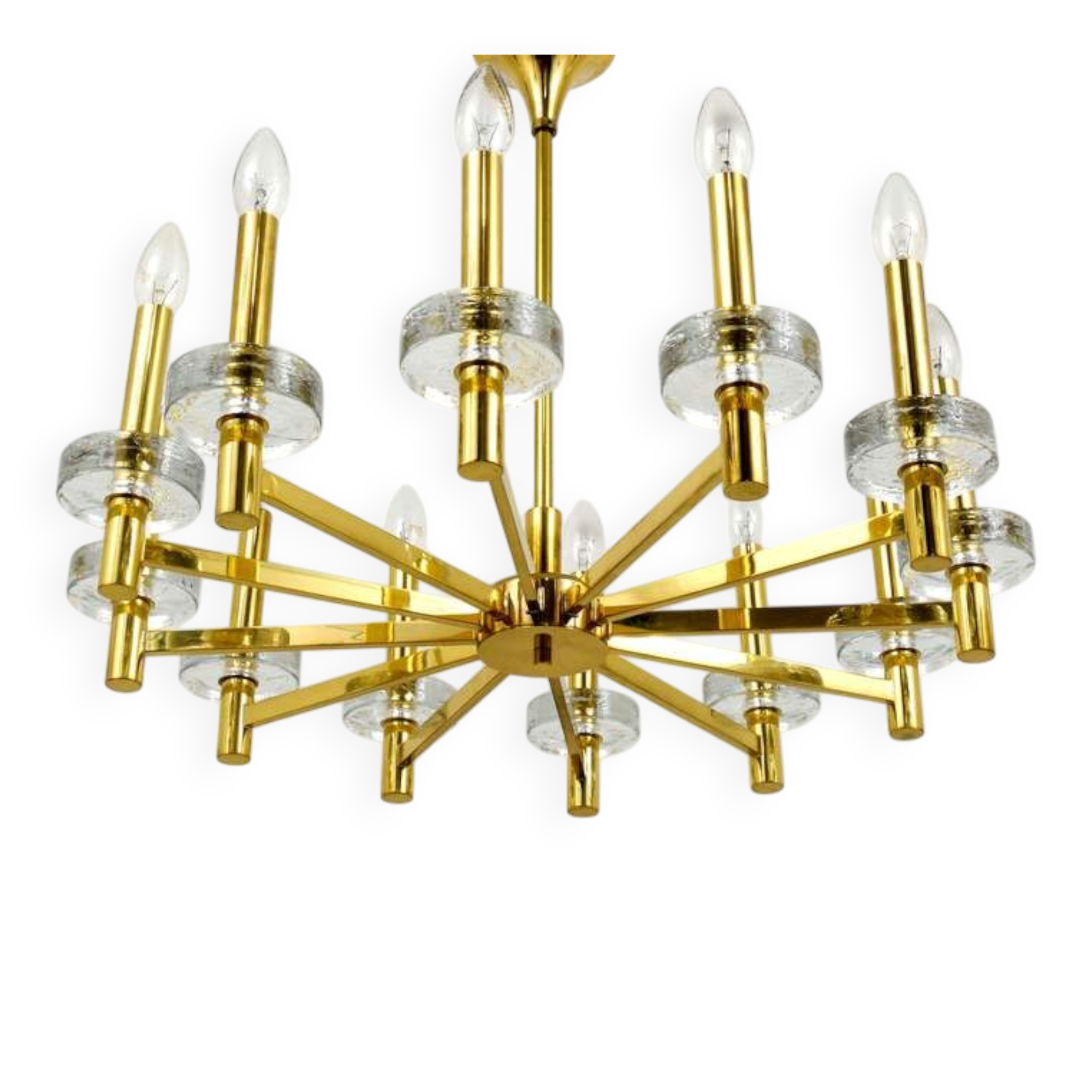 Brass and glass disc pendant light in the style of Gaetano Sciolari, mid-century, Italy, 1970s.