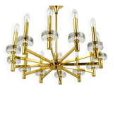 Brass and glass disc pendant light in the style of Gaetano Sciolari, mid-century, Italy, 1970s.