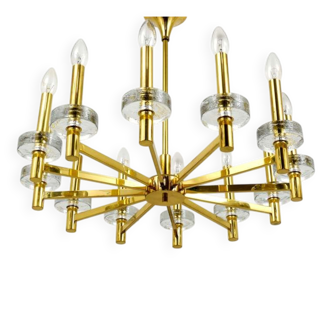 Brass and glass disc pendant light in the style of Gaetano Sciolari, mid-century, Italy, 1970s.