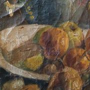 19th-century oil painting on canvas depicting a vase of fruit with flowers.