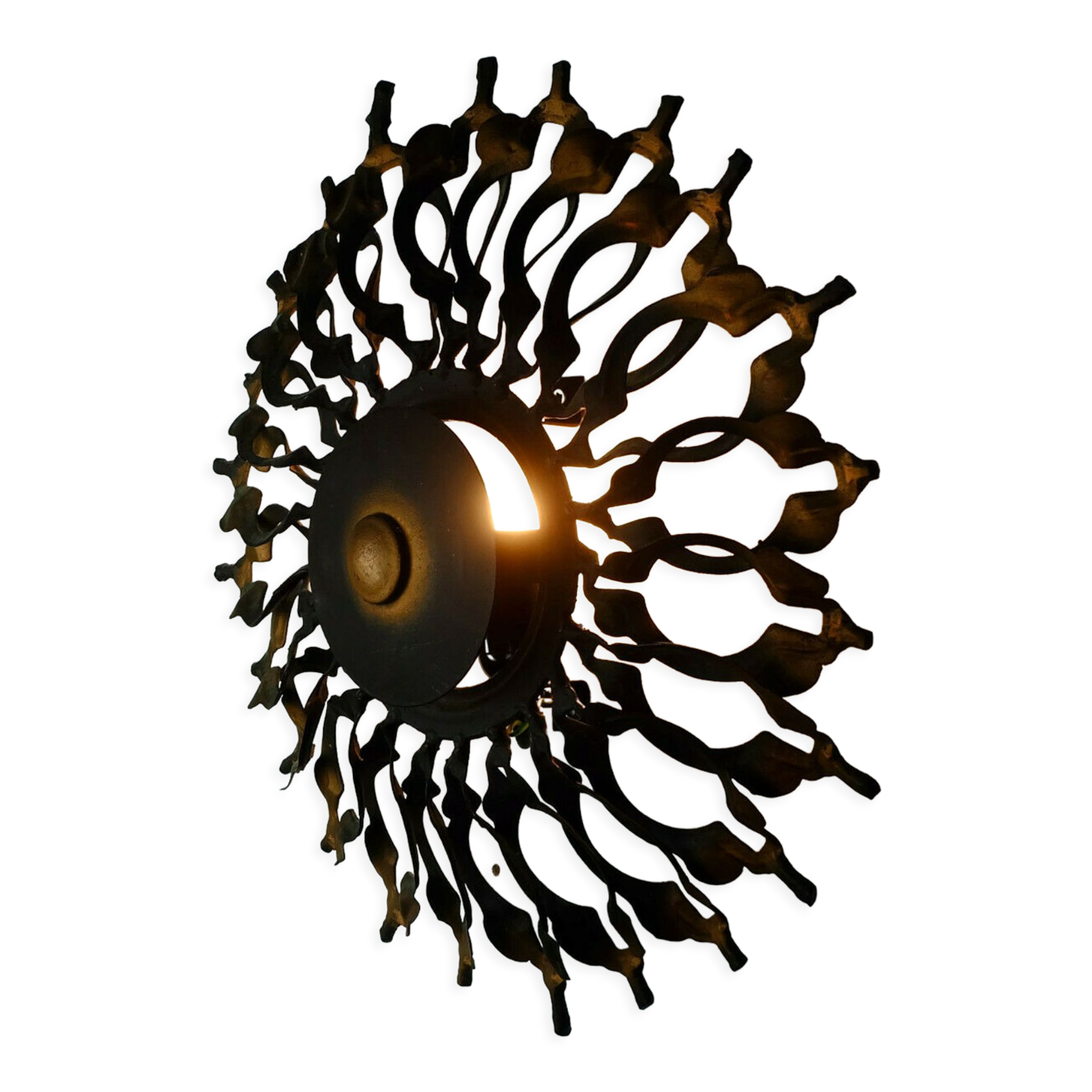 1960s SCONCE mid century sunburst brutalist black iron and copper colored