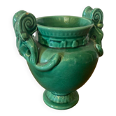 Antique green ceramic vase with handles