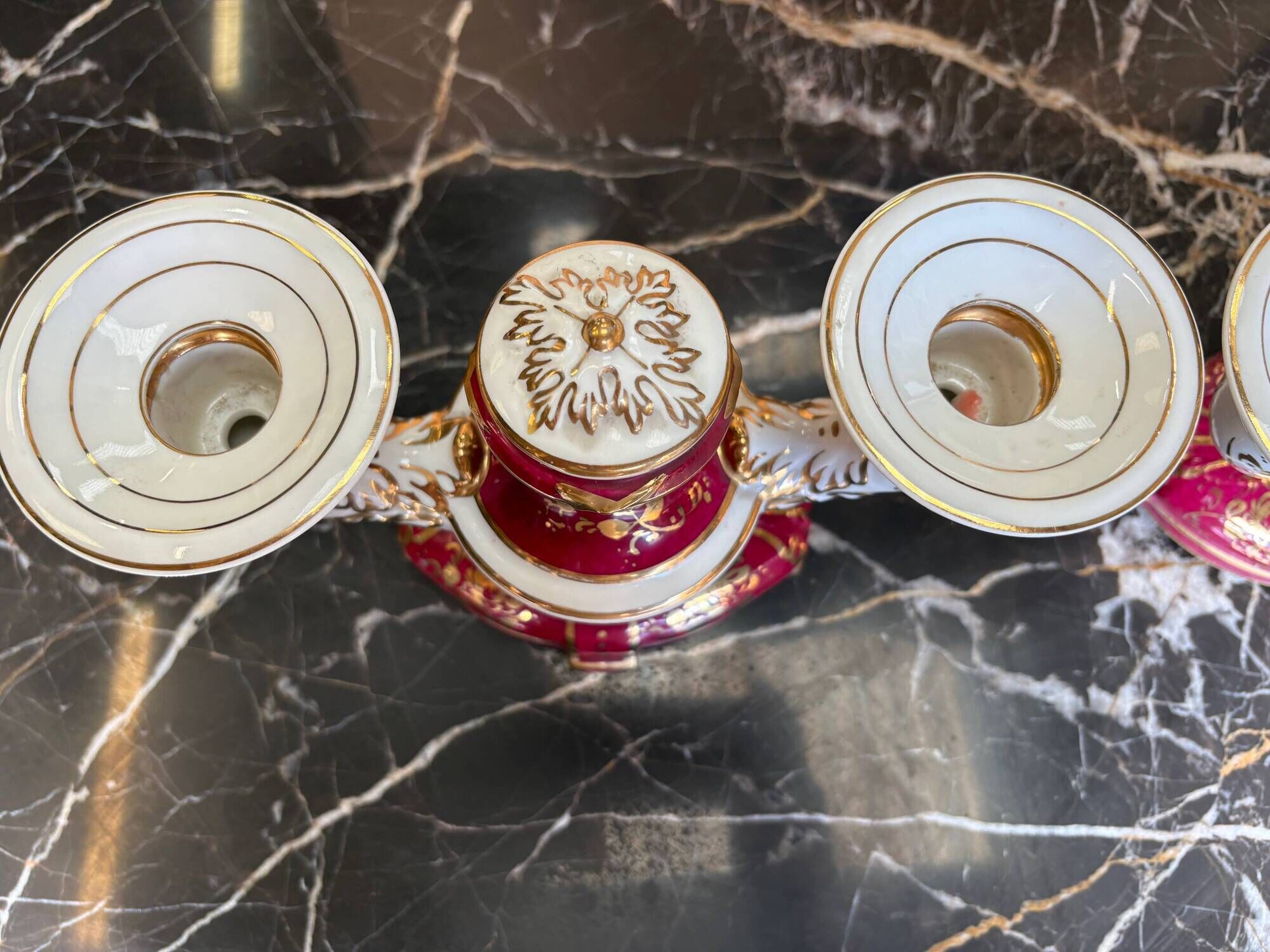 Pair of Limoges porcelain candlesticks with hand-decorated decoration – red and gold