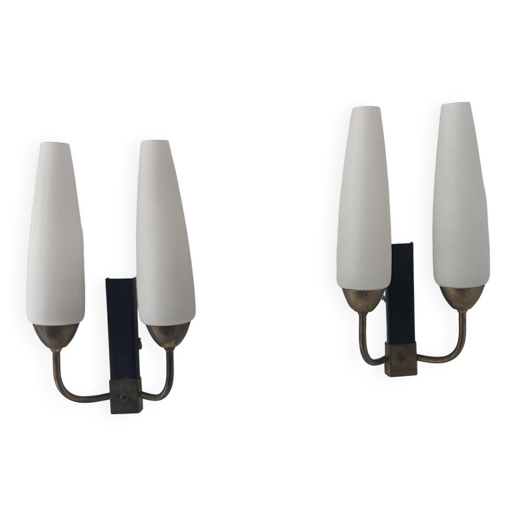 Pair of vintage double wall lights, brass and opaline, France 1950
