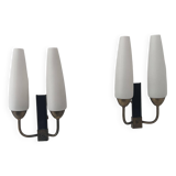 Pair of vintage double wall lights, brass and opaline, France 1950