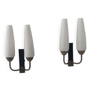 Pair of vintage double wall lights, brass and opaline, France 1950