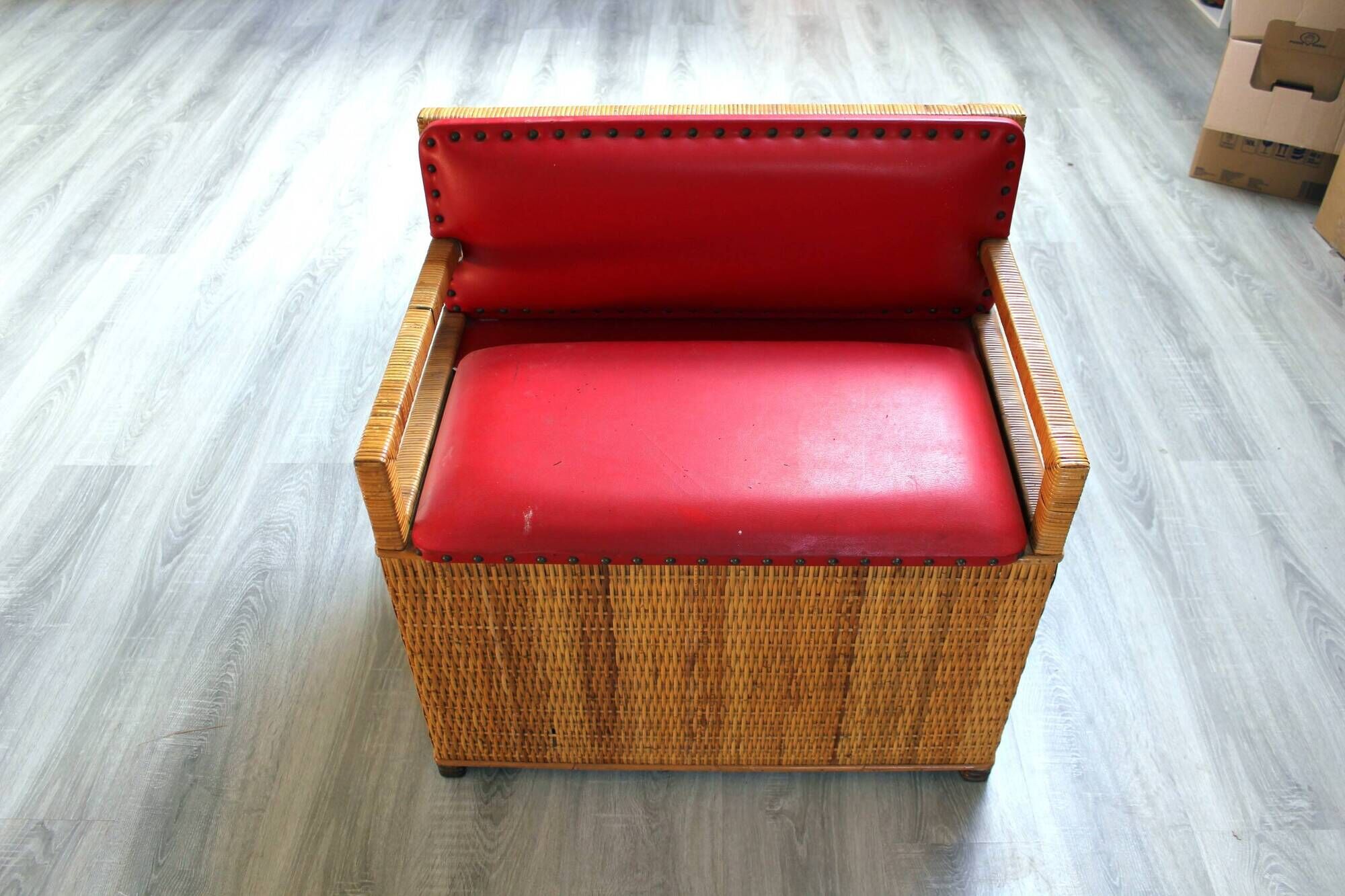 Vintage 1970s wicker cane storage bench chair