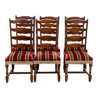 6 Louis XIII dining chairs in solid wood and burgundy velvet.