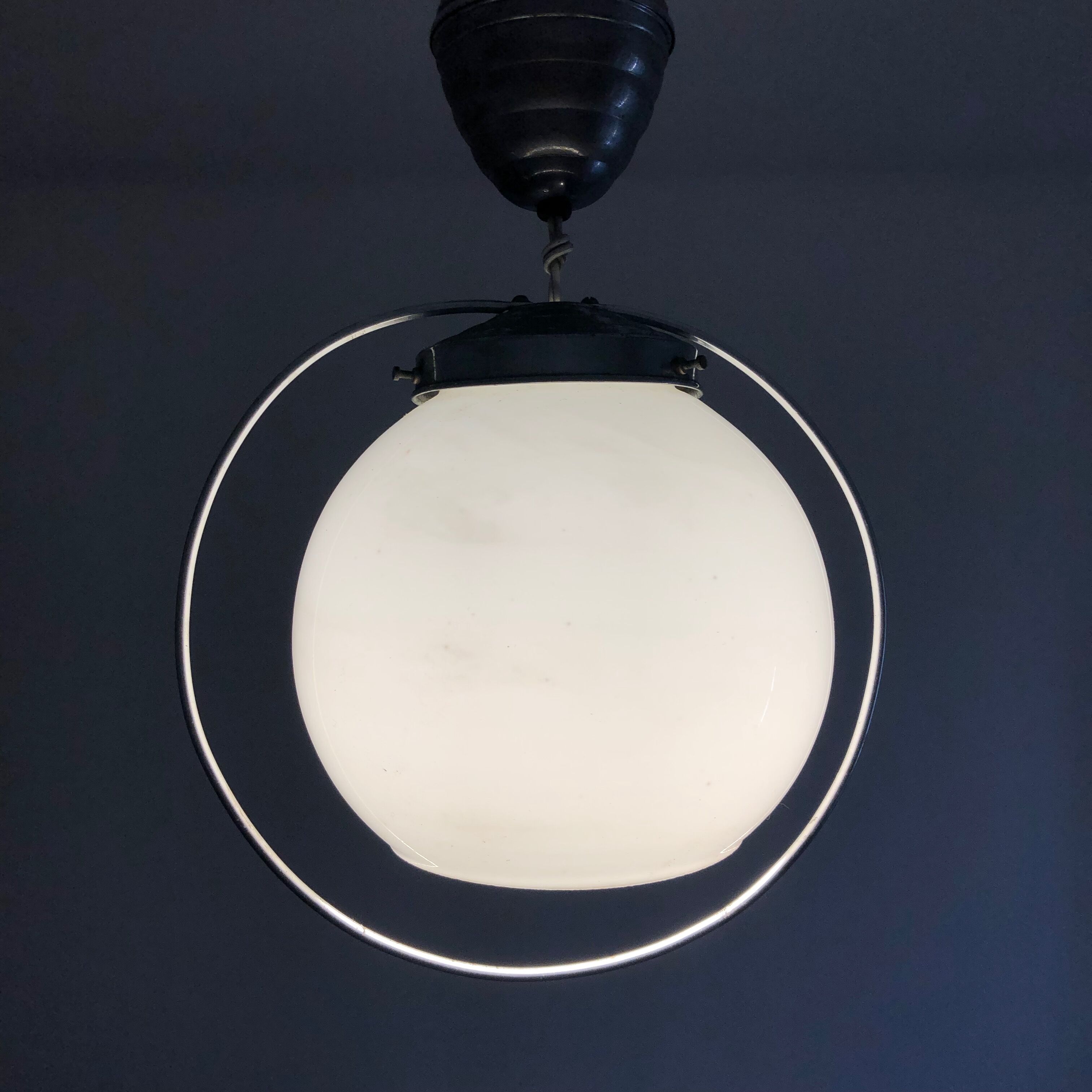 White opaline hanging lamp rises and drops vintage 1930 57cm