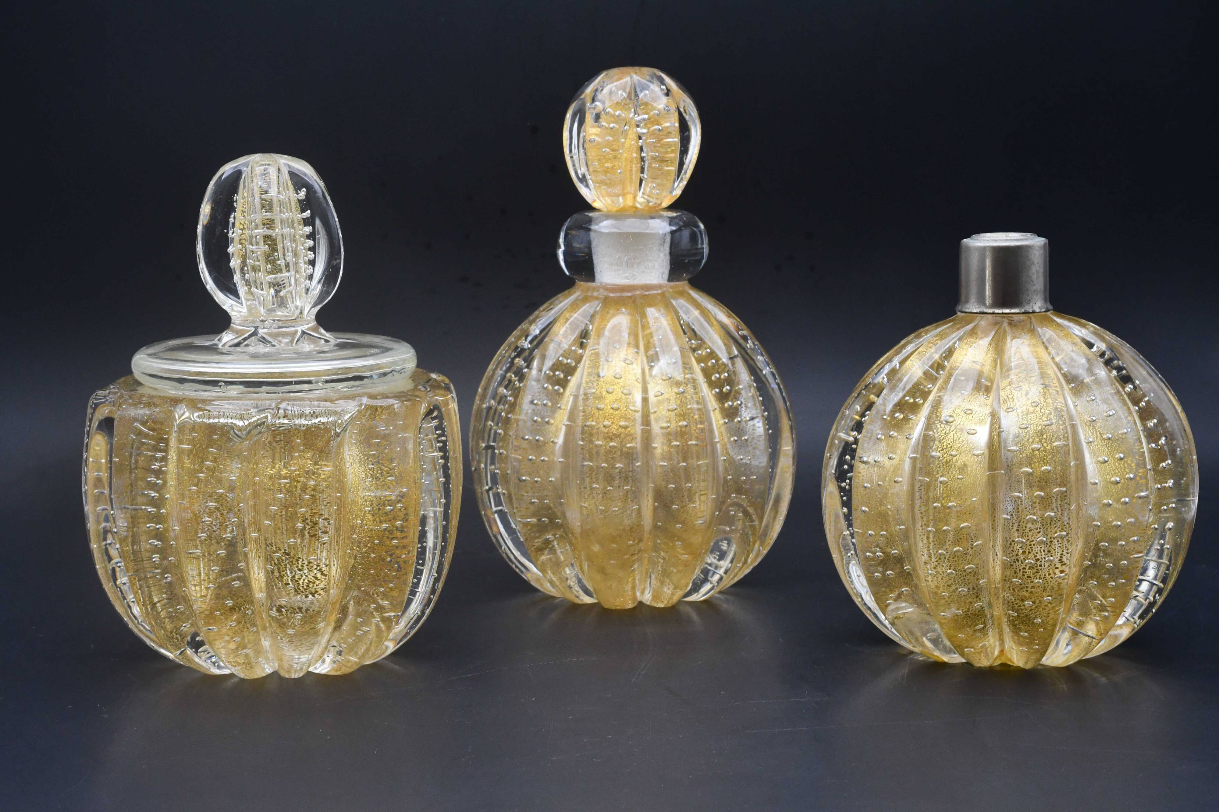 Set of 3 gold Ercole Barovier "Bullicante" Murano glass vases for Barovier & Toso