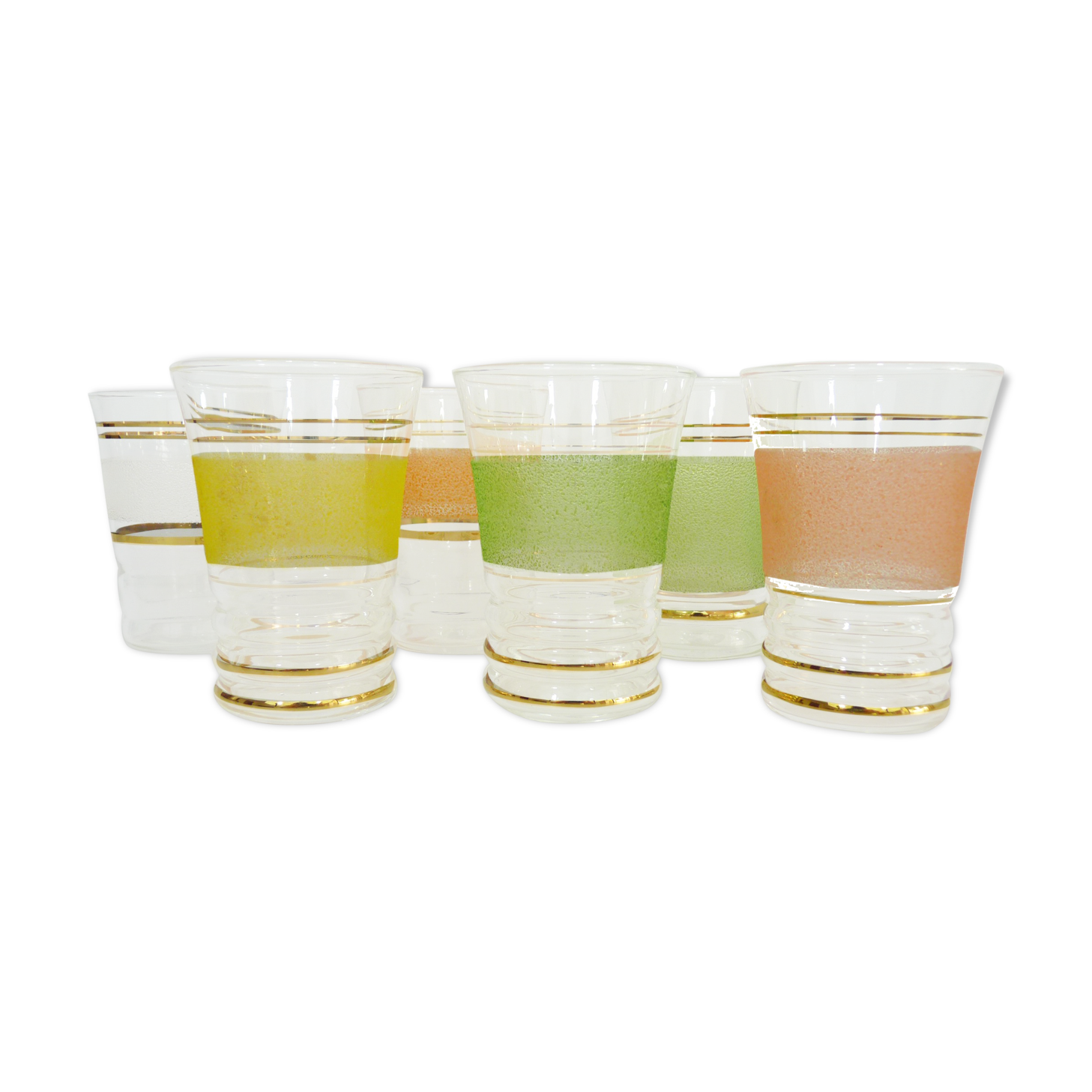 6 old glasses in coloured granite glass and gold lise
