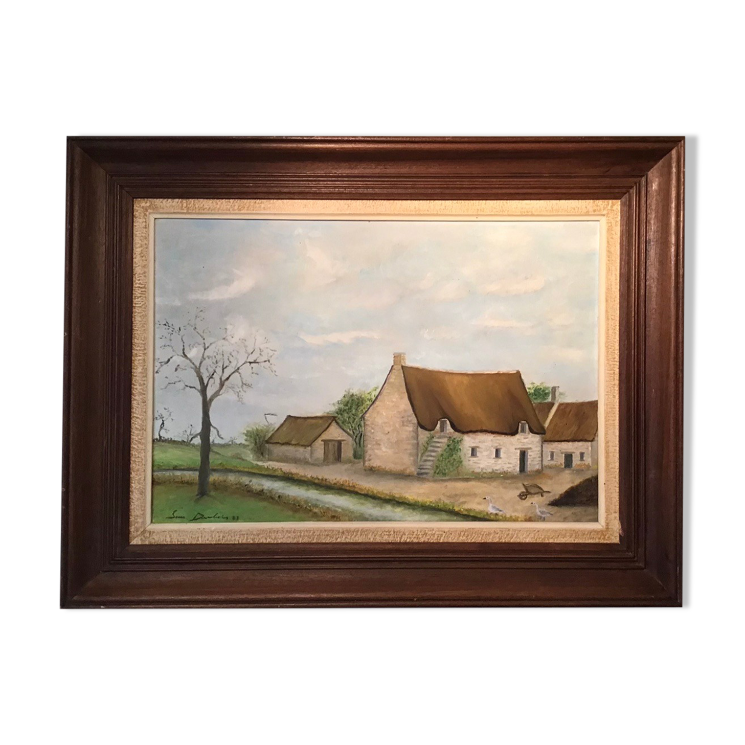 Old painting, farmhouse landscape signed Louis Dubois and dated 83