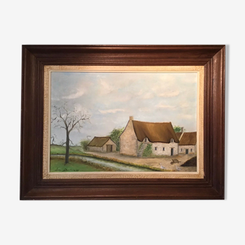 Old painting, farmhouse landscape signed Louis Dubois and dated 83