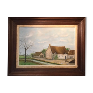 Tableau ancien, paysage de ferme