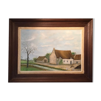 Old painting, farmhouse landscape signed Louis Dubois and dated 83