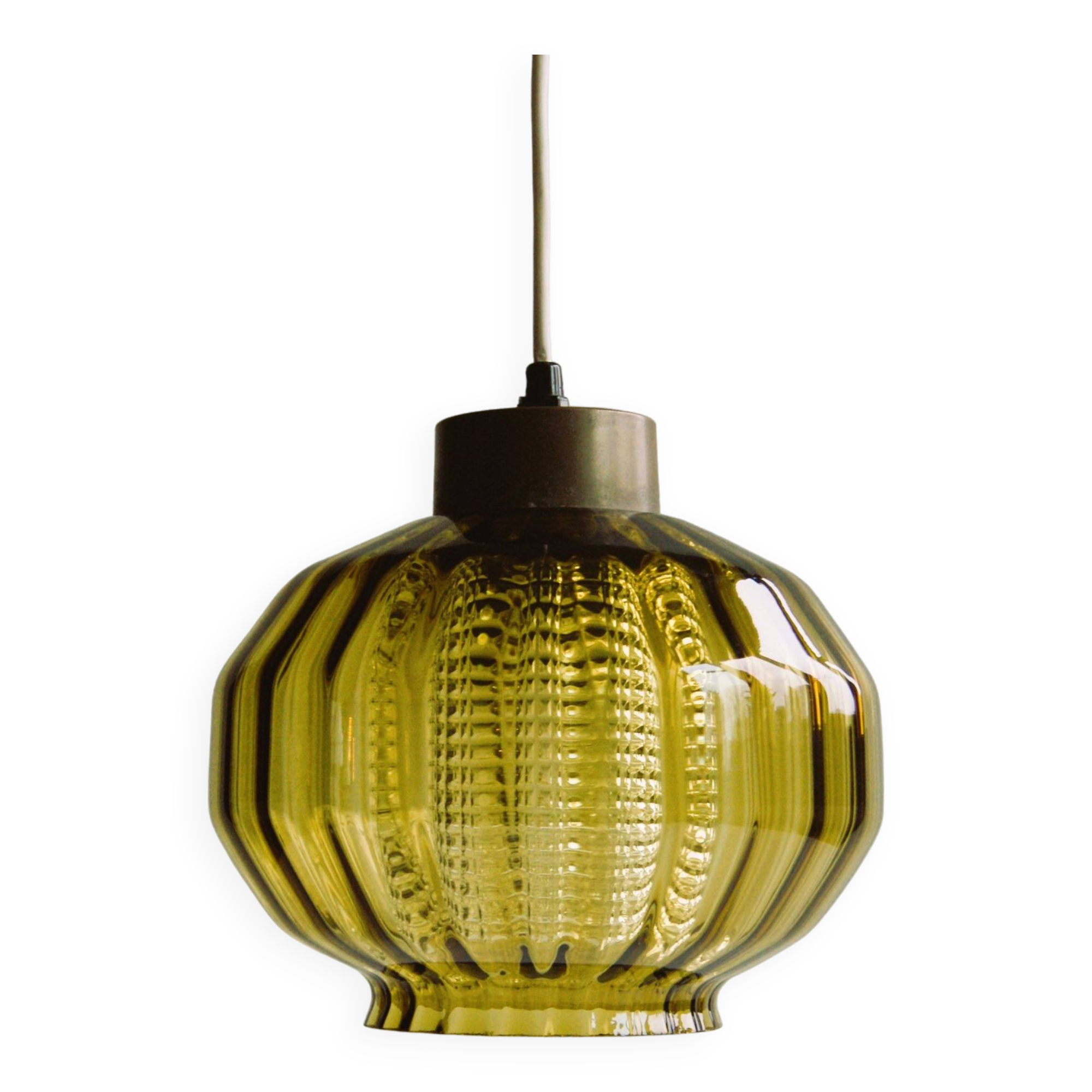 Vintage glass pendant in smoky green crystal with crystal cylinder  - design Carl Fagerlund Sweden