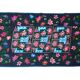 Handwoven floral wool rug, black background with pink roses and geometric design 207x144cm