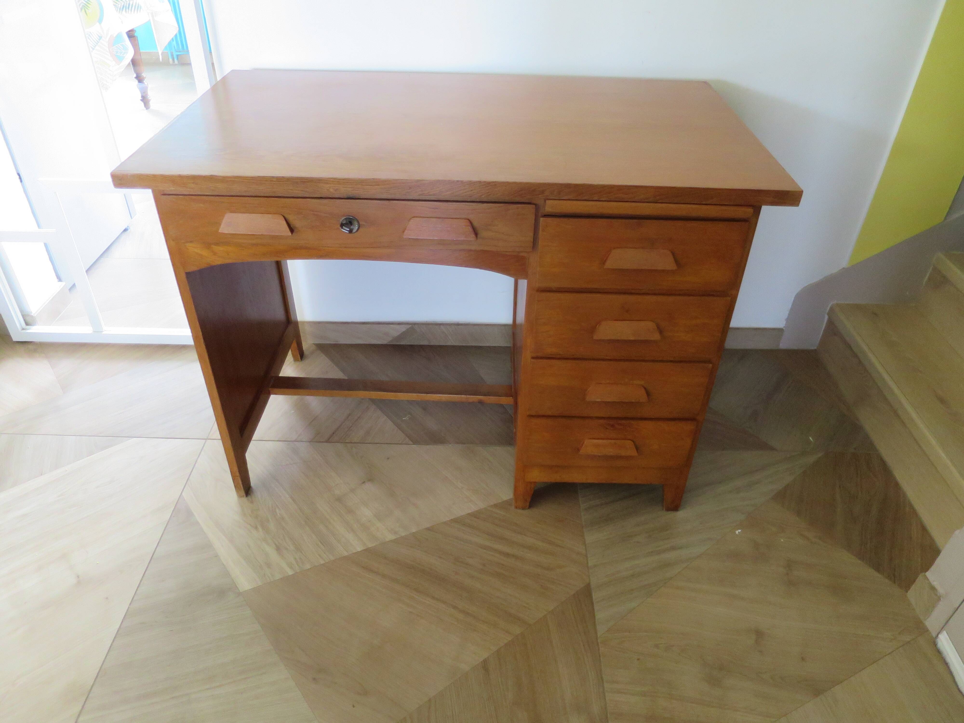 Vintage modernist desk - 5 drawers - shelf - 1950s - closure mechanism