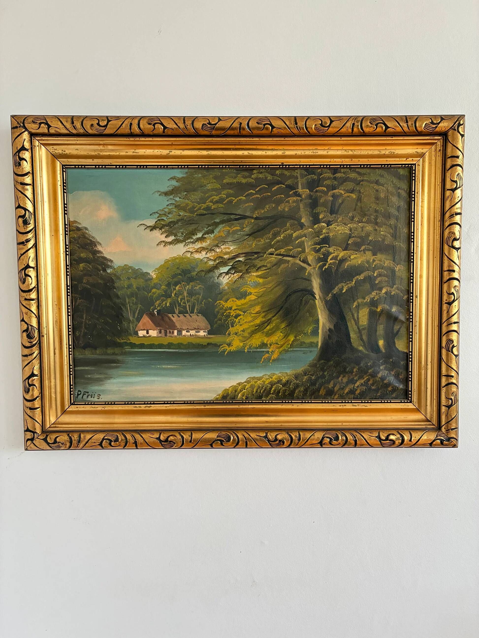 Vintage signed cottage lake landscape oil painting