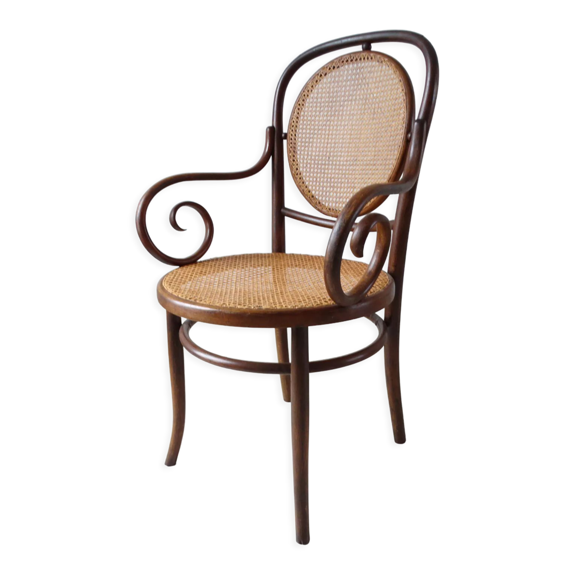 Fischel armchair seat and curved wood canned back