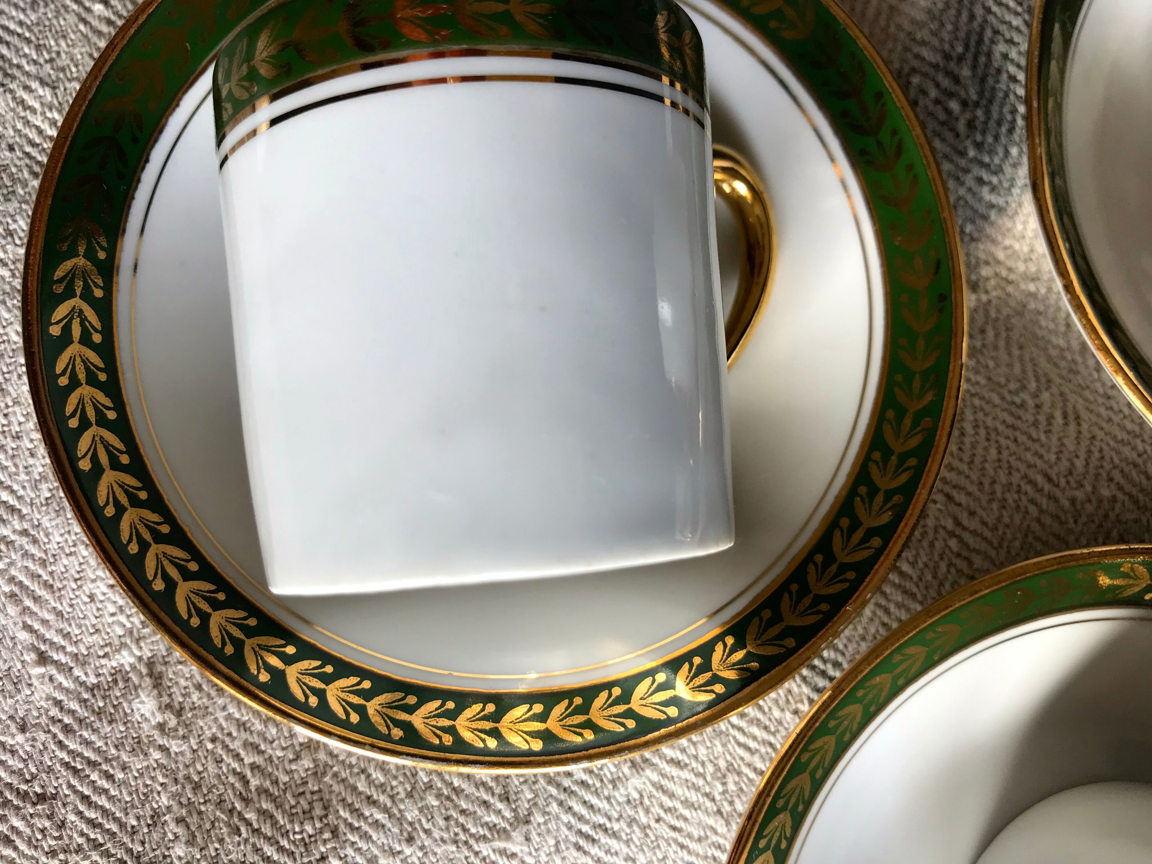 Vintage mocha set 5 coffee cups Napoleon porcelain white frieze green gold by hand