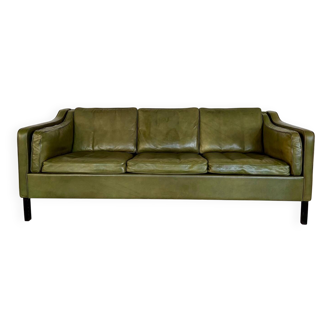 Canapé vintage danois Mogens Hansen en cuir vert olive des années 60