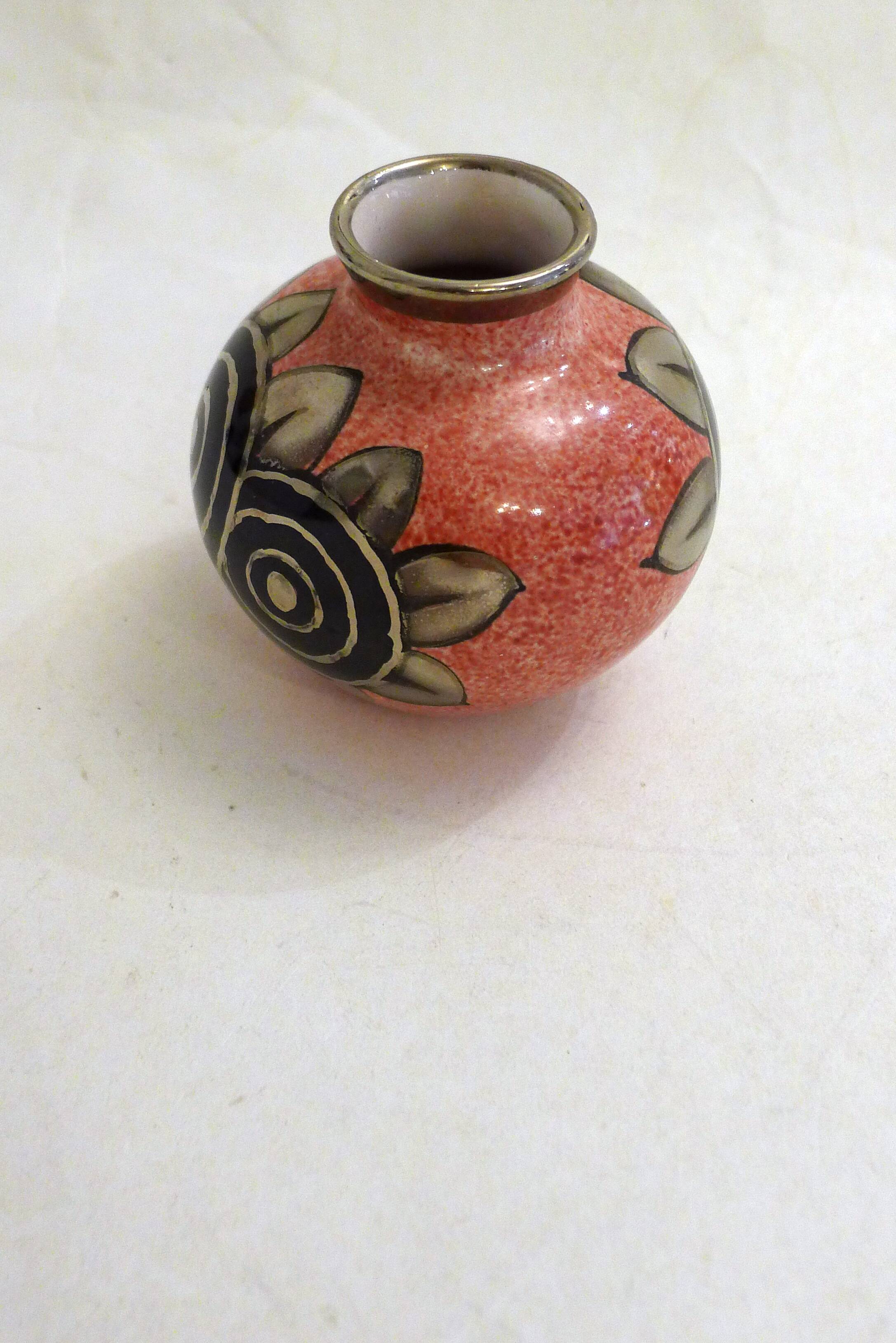 Small Art Deco round vase signed A. Renoleau, stylised floral decoration 1920s.