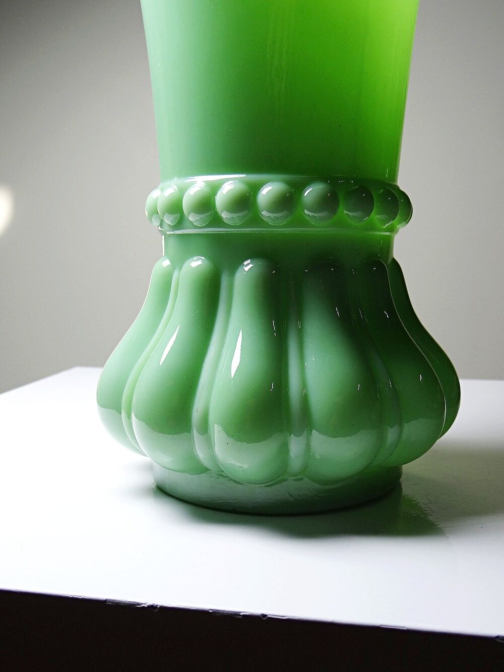 Large antique jade green opaline crystal vase, circa 1900-1930.