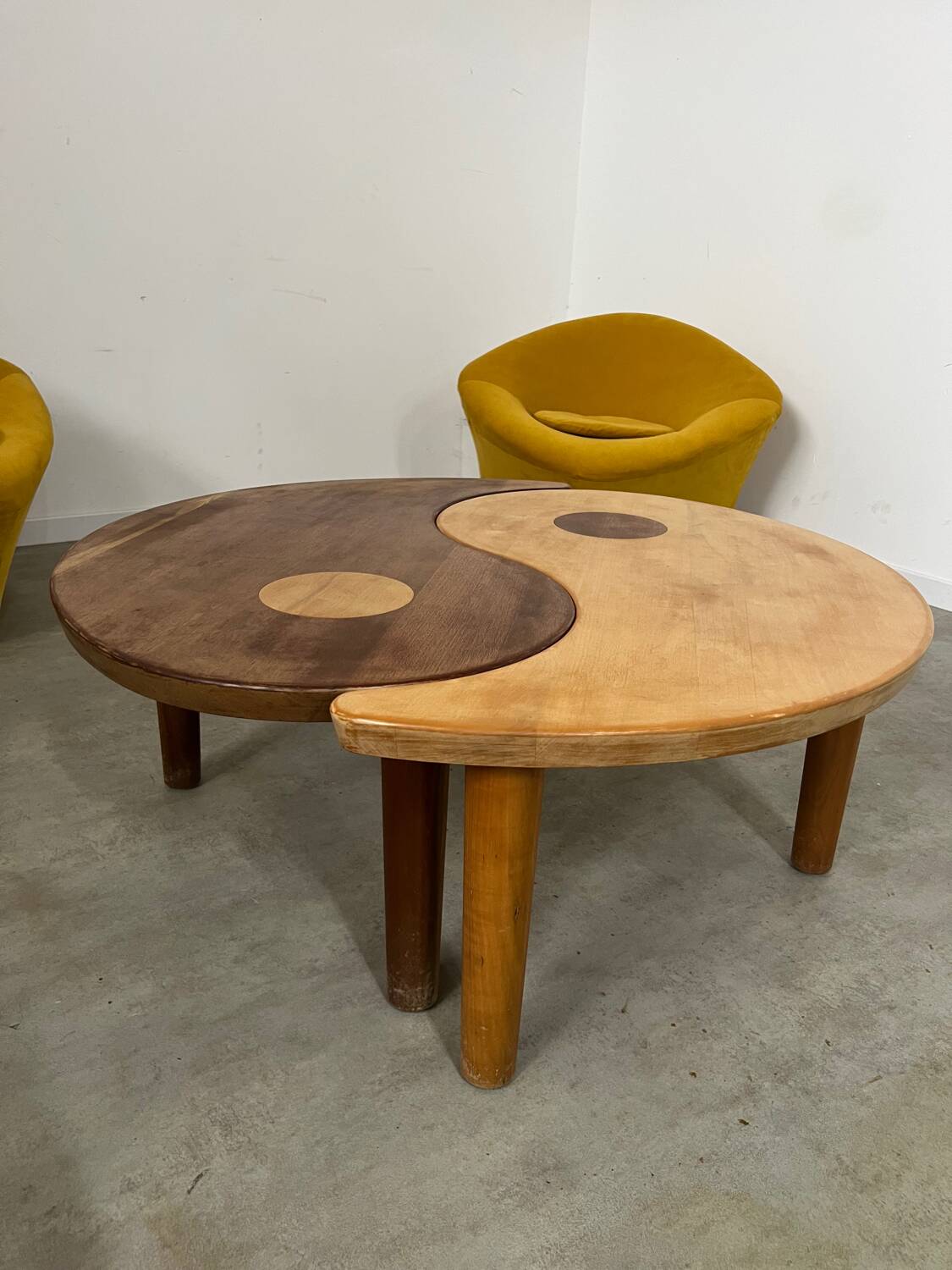 Solid wood coffee table with 2 Yin and Yang elements vintage 60s