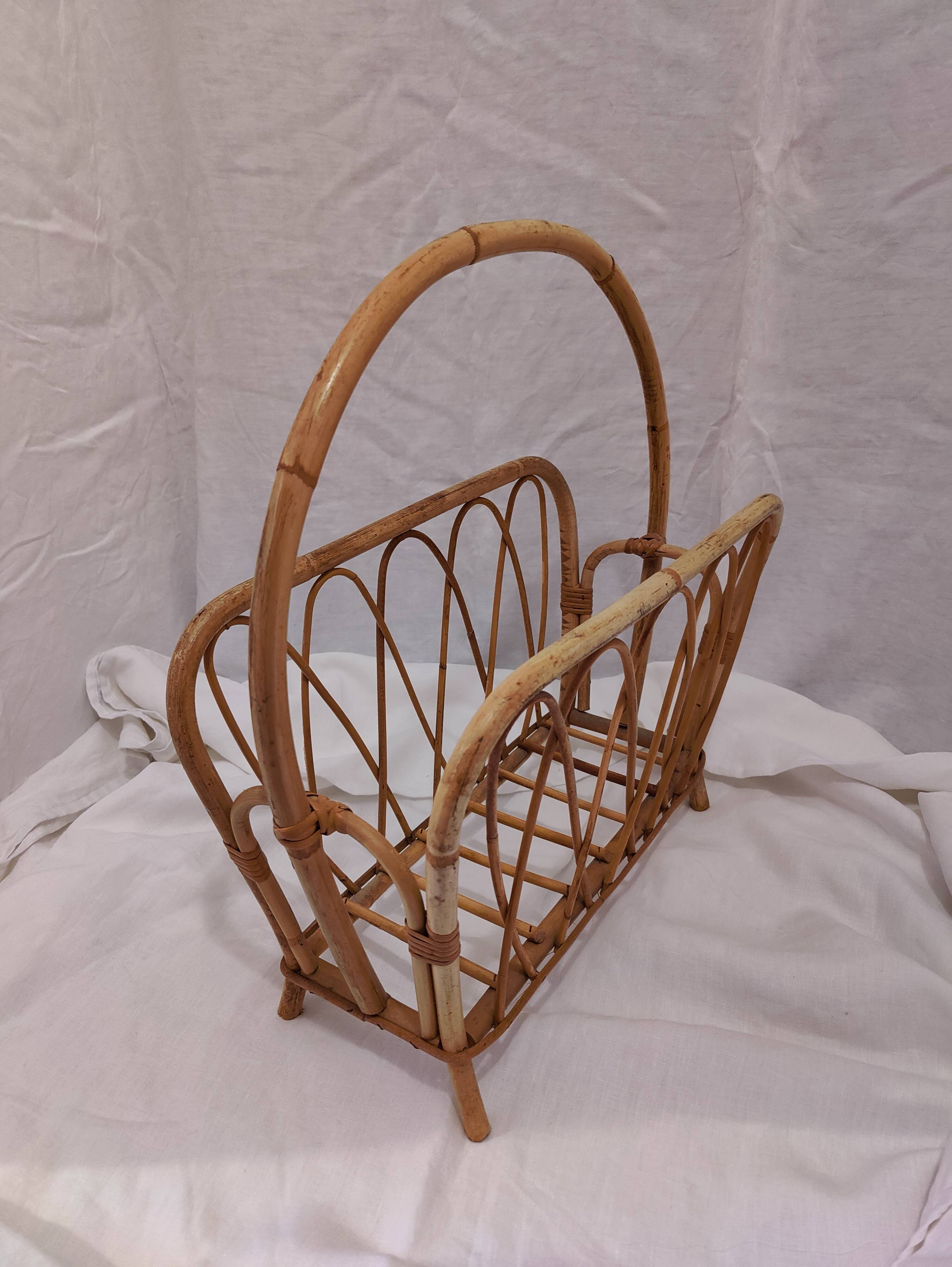Vintage 1950s woven wicker magazine rack
