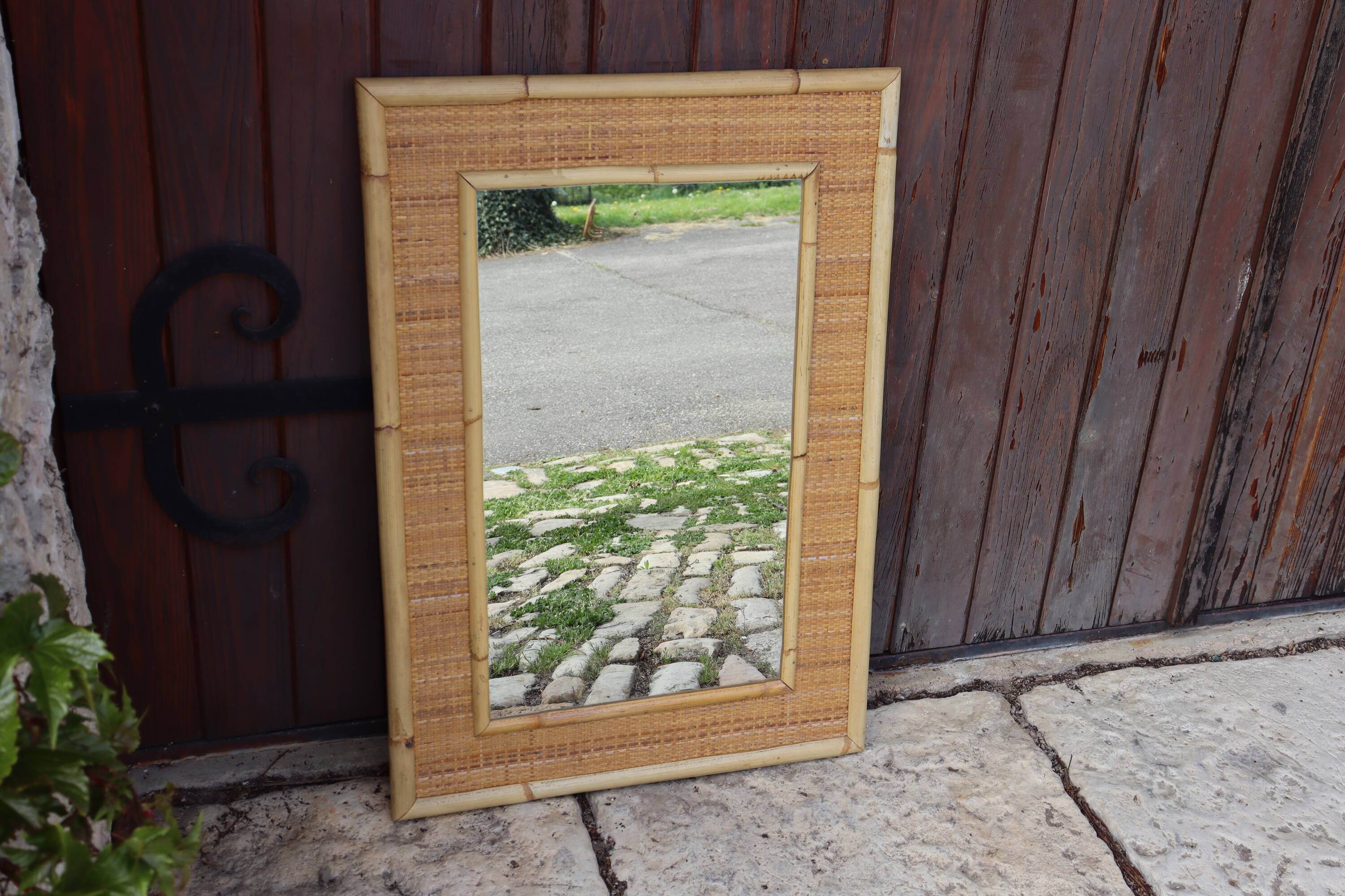 Large bamboo rattan mirror by Dal Vera Italy 1970