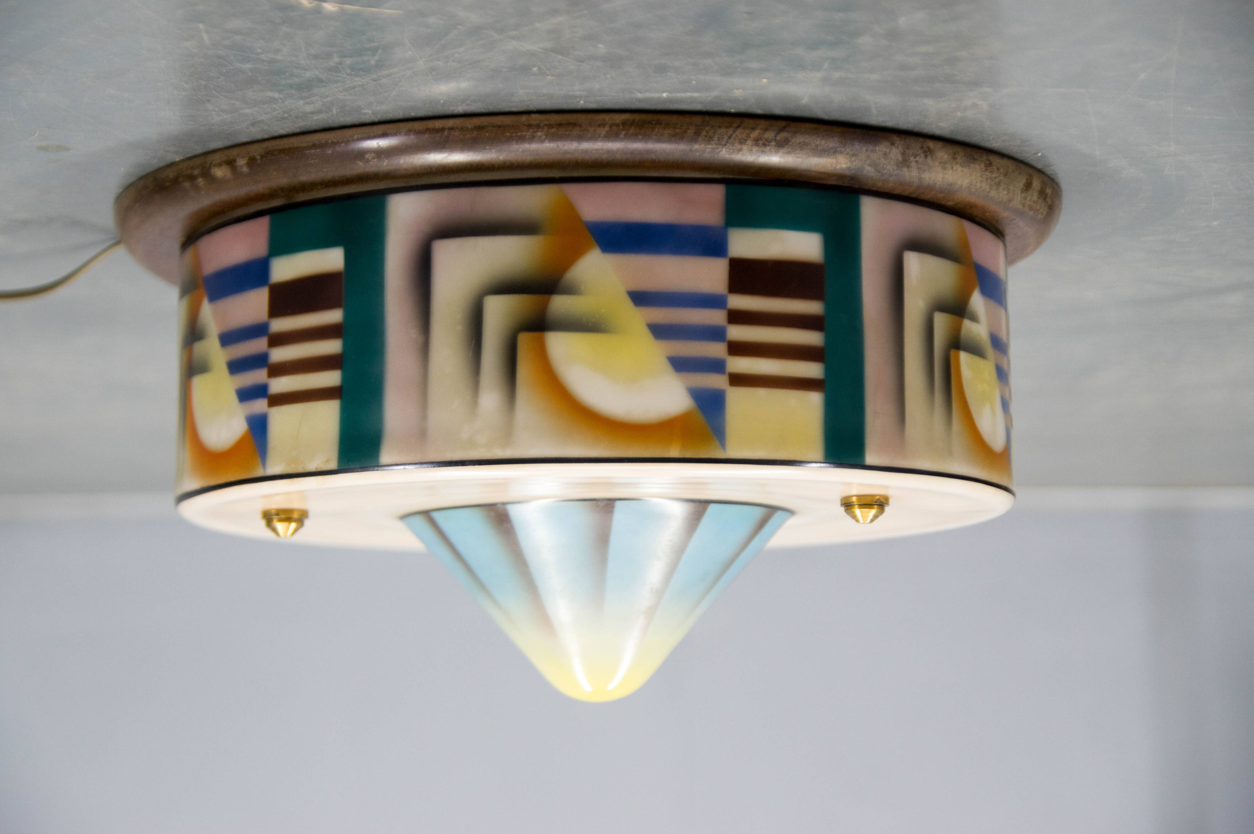 Art Deco Hand Painted Glass Flush Mount, 1920s