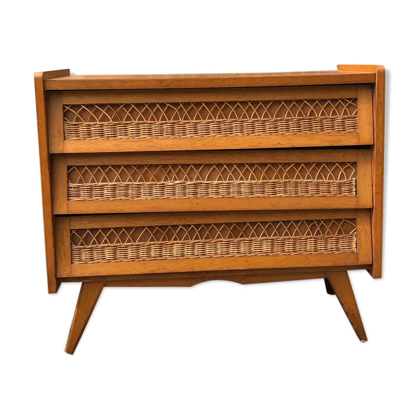 Wooden and rattan chest of drawers