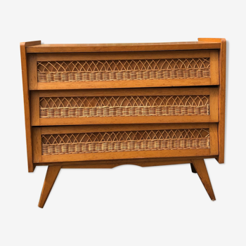 Wooden and rattan chest of drawers