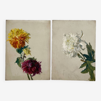 2 peintures sur carton anciennes fleurs dahlias