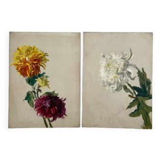 2 paintings on old cardboard dahlia flowers