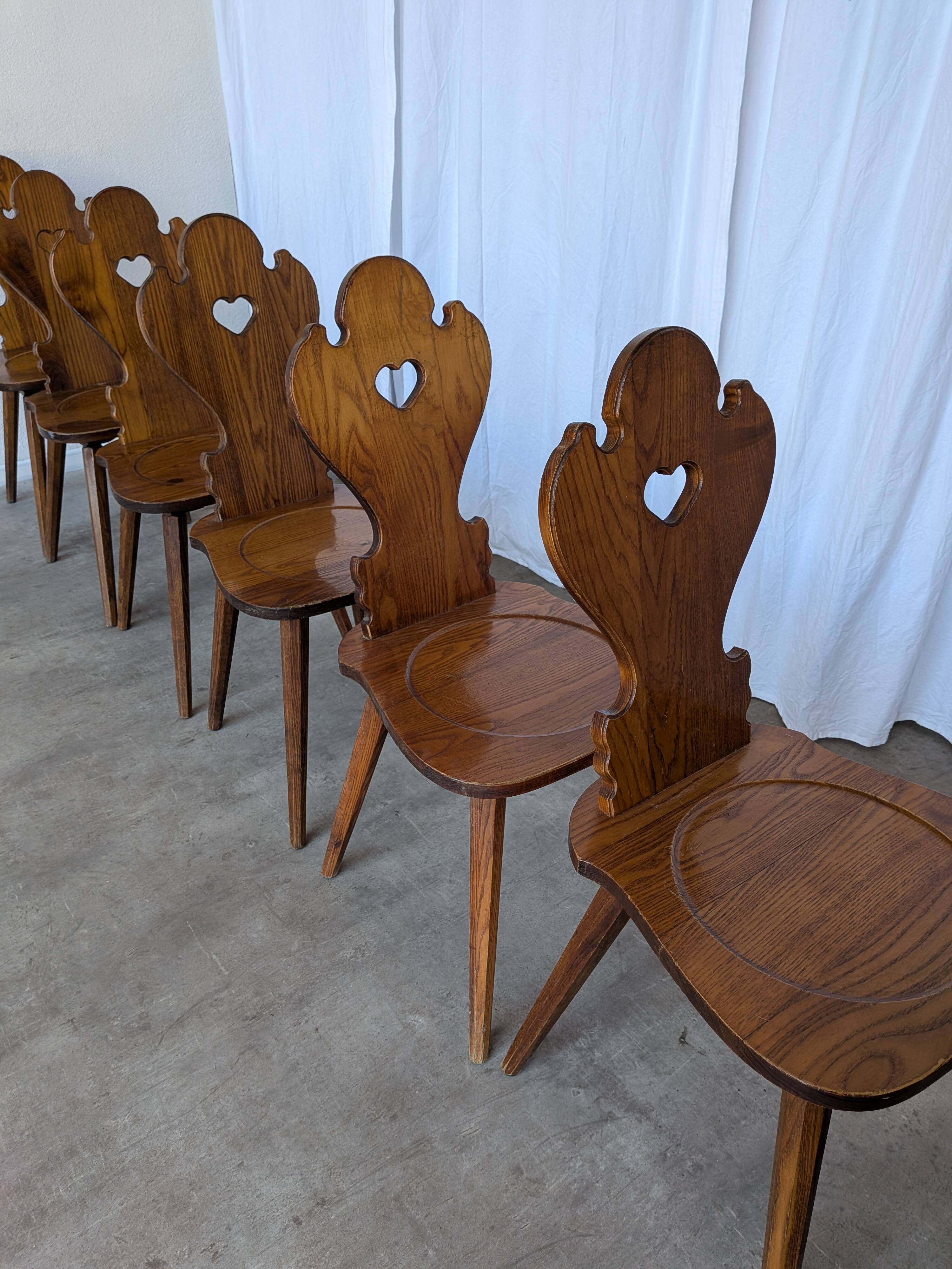 Set of 8 Farmhouse Tyrolean Chair with Heart Cutout Back / 1970s Vintage Di