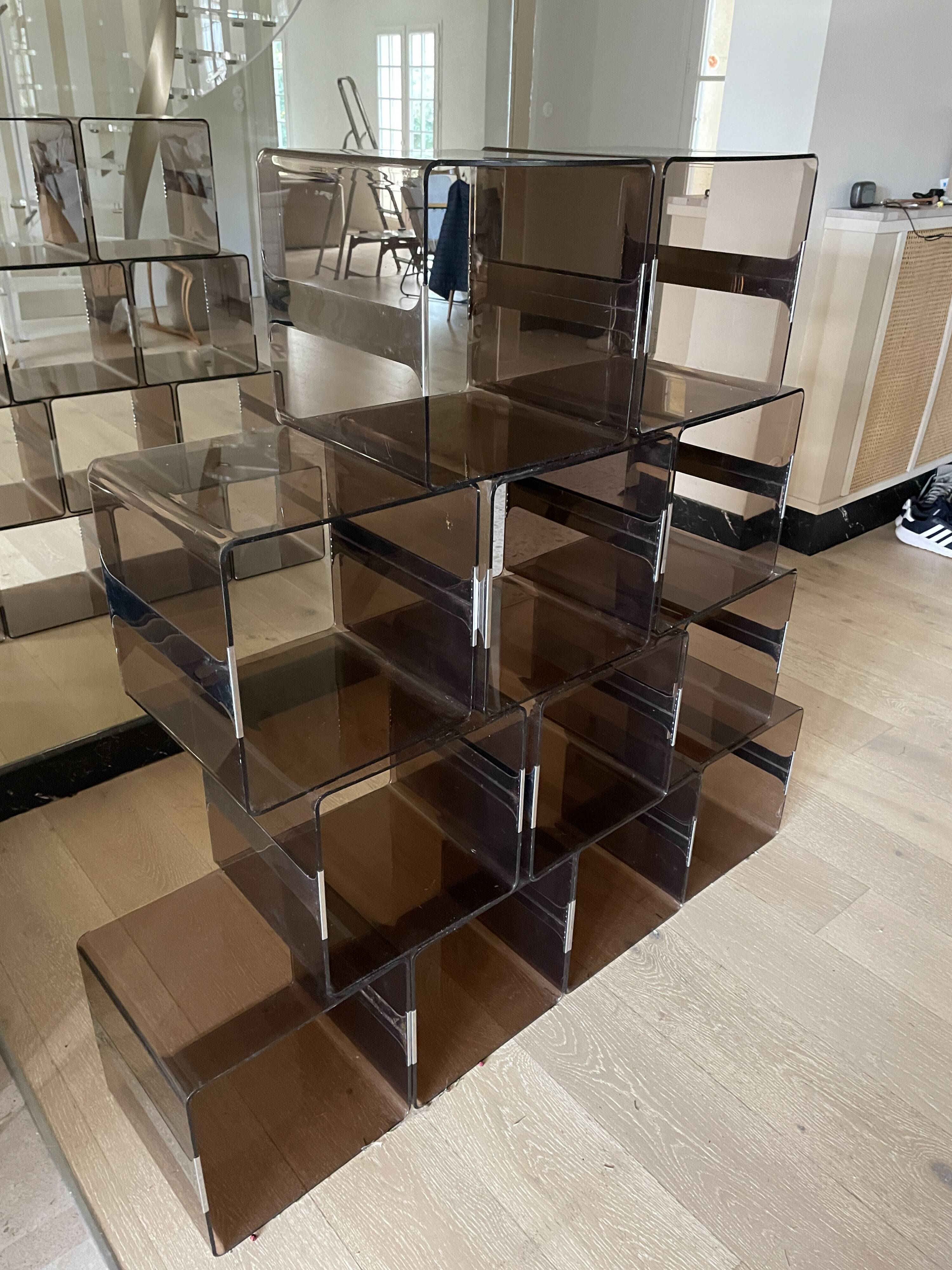 Set of 12 smoked plexi lockers and chrome insert by Michel DUMAS, 1970s