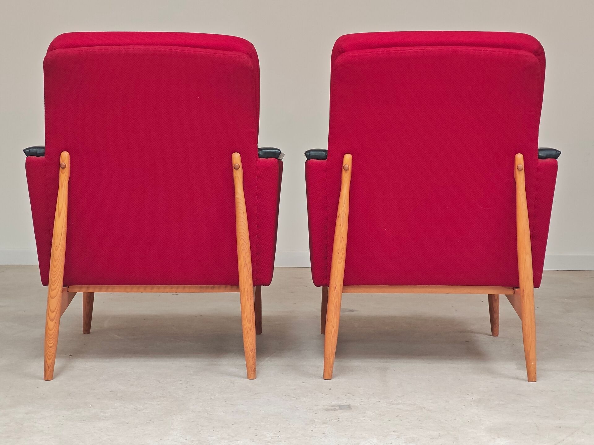 Pair of Drevotex Zamberk armchairs, red fabric and faux leather 1970
