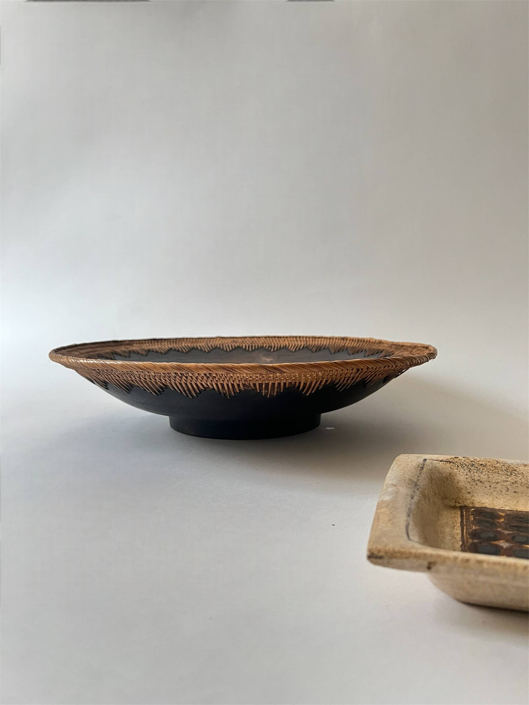 Large basket/trinket tray in blackened wood, wickerwork & mother-of-pearl