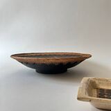 Large basket/trinket tray in blackened wood, wickerwork & mother-of-pearl