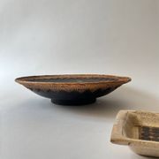 Large basket/trinket tray in blackened wood, wickerwork & mother-of-pearl