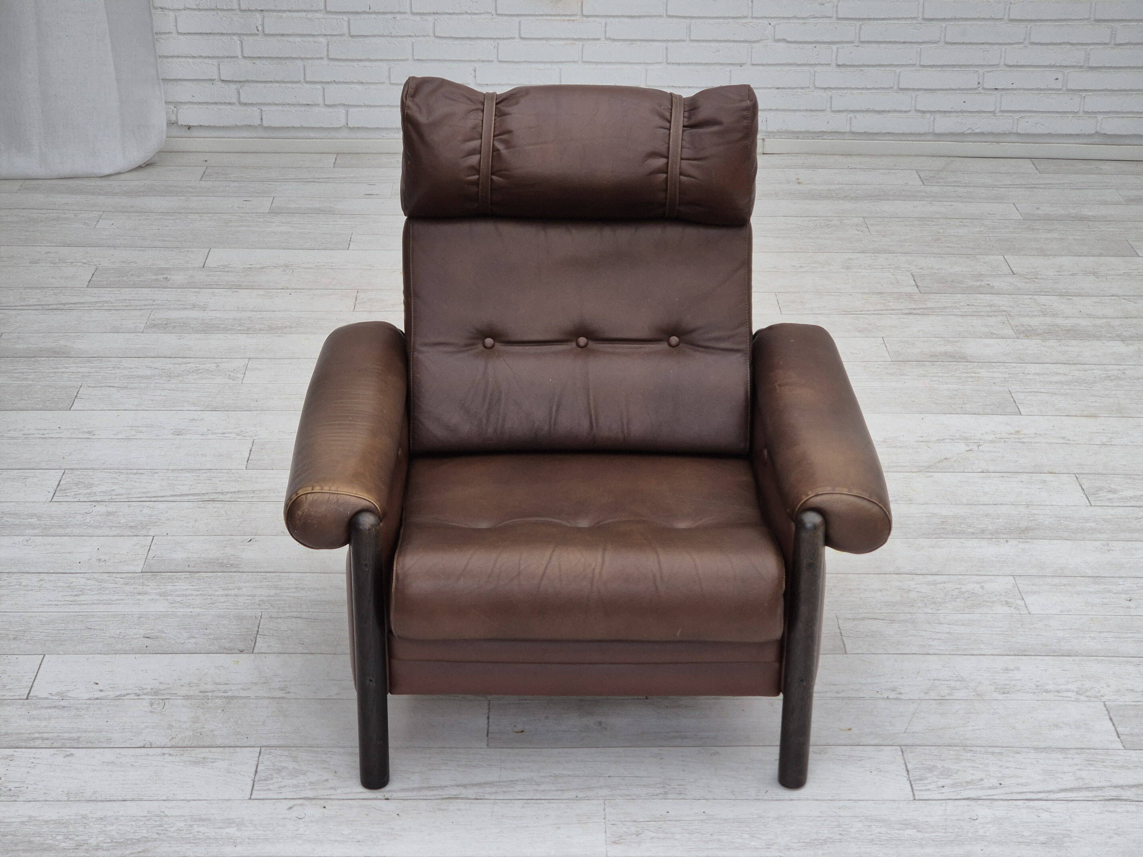 1970s, Danish armchair, original condition, furniture leather, dark oak wood.