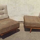 Pair of heaters 60s solid teak two-tone cushions