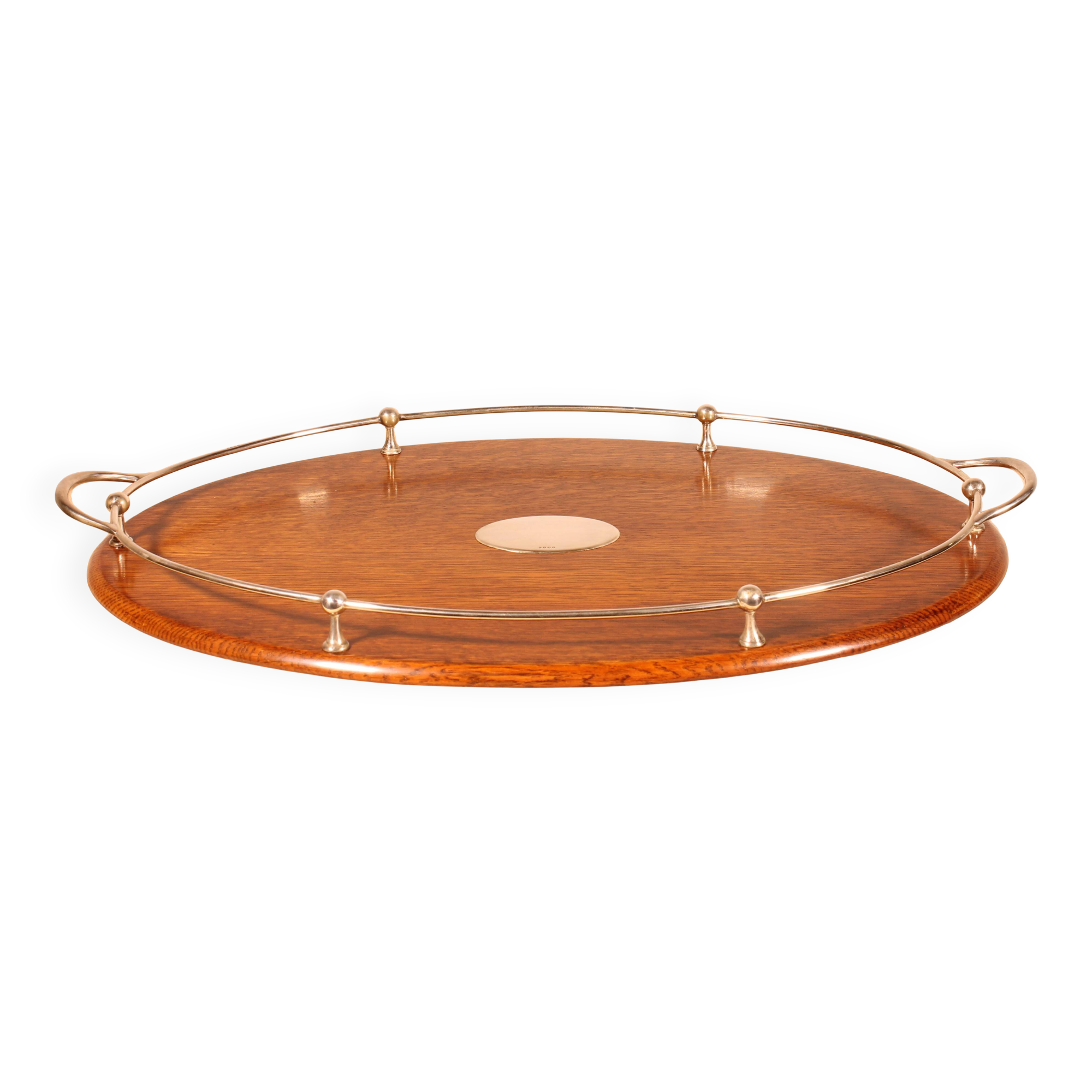 19th century silver-plated metal and oak tray