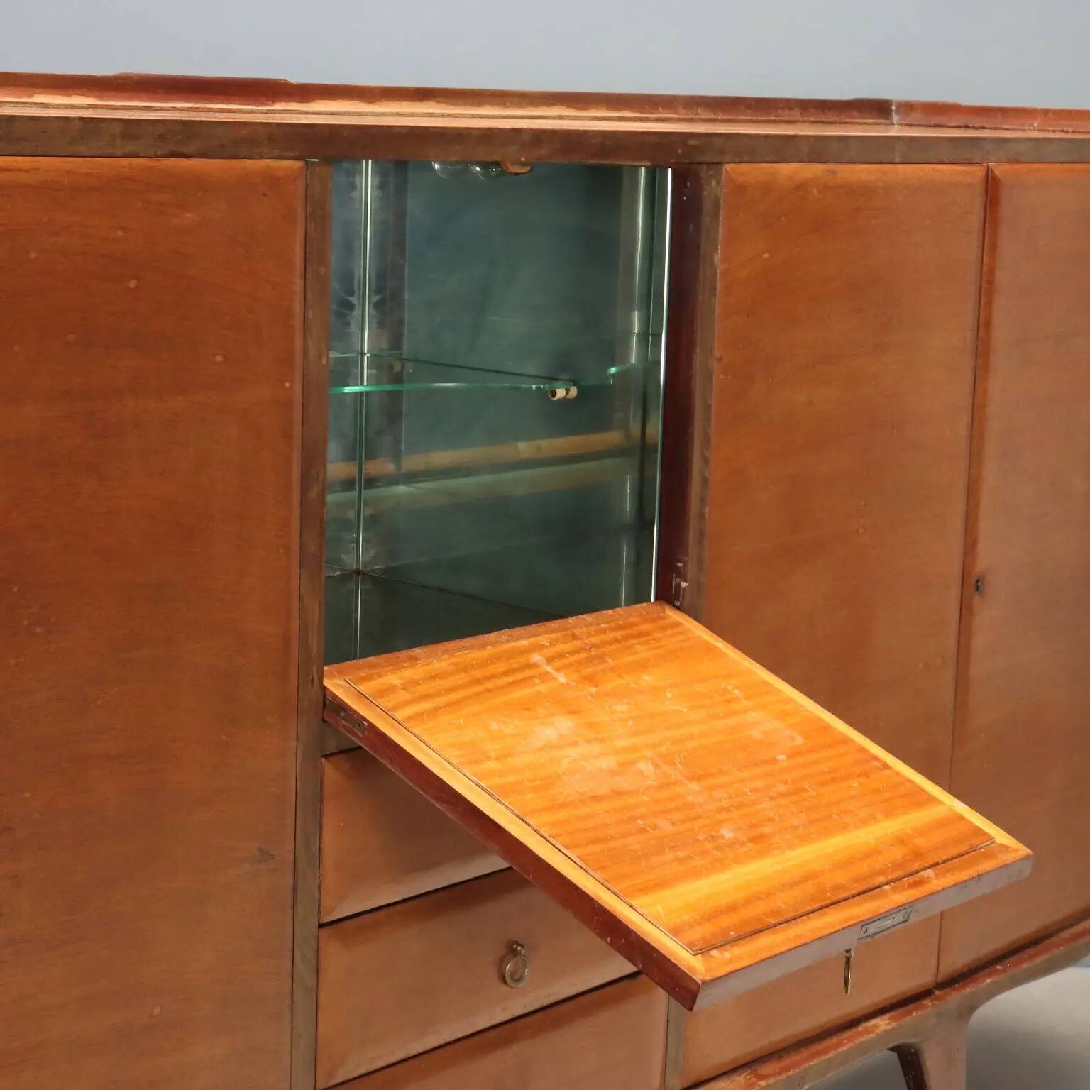Vintage mahogany sideboard with bar compartment, 1950s-60s design.